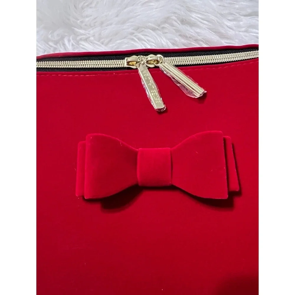 Estee Lauder Red Velvet Bow Cosmetic Bag‎ Travel Makeup Case Gold Zipper New
